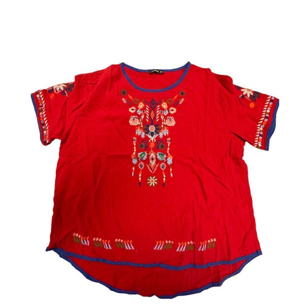IZURIA Womens Red Floral Embroidered Short Sleeve Hi Low Top Size 2XL
